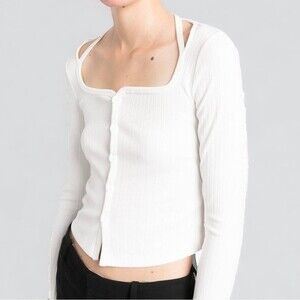 NWT Helmut Lang Optic White Ribbed Knit Buttoned Fitted Top Size Medium $225 NEW